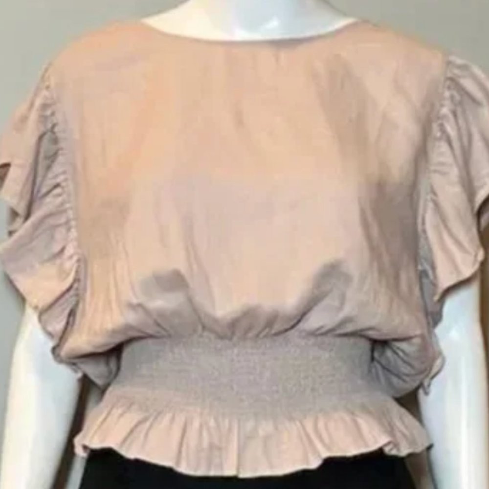 Madewell Pale Pink Linen-Blend Flutter-Sleeve Smocked Top